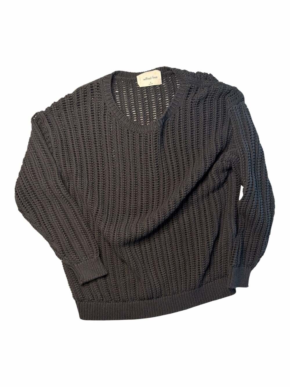 Wilfred Free Cotton Blend Open-Knit Long Sleeve V-Neck Sweater